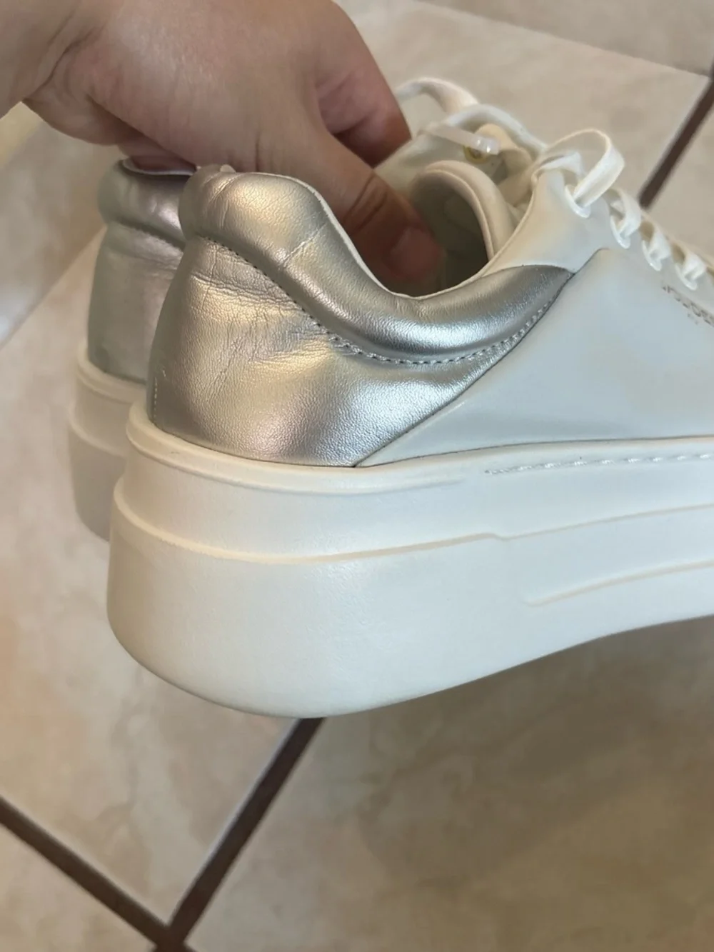 J Slides White Platform Sneaker with Silver Heel
